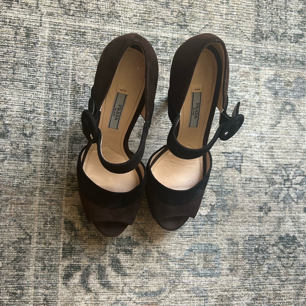Prada Dark Brown and Black Peep-Toe Heels